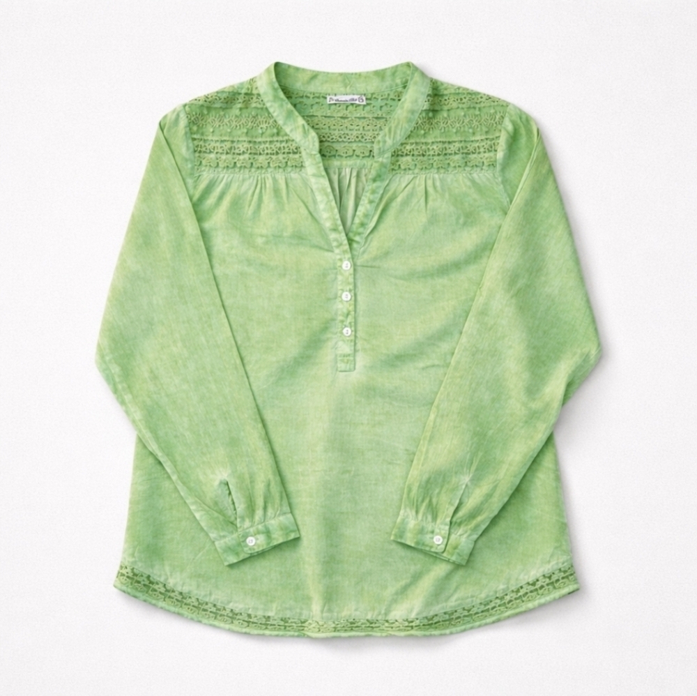 Amanda Blu Green 100% Cotton Crochet Lace Trim Boho Tunic Blouse Top Size M